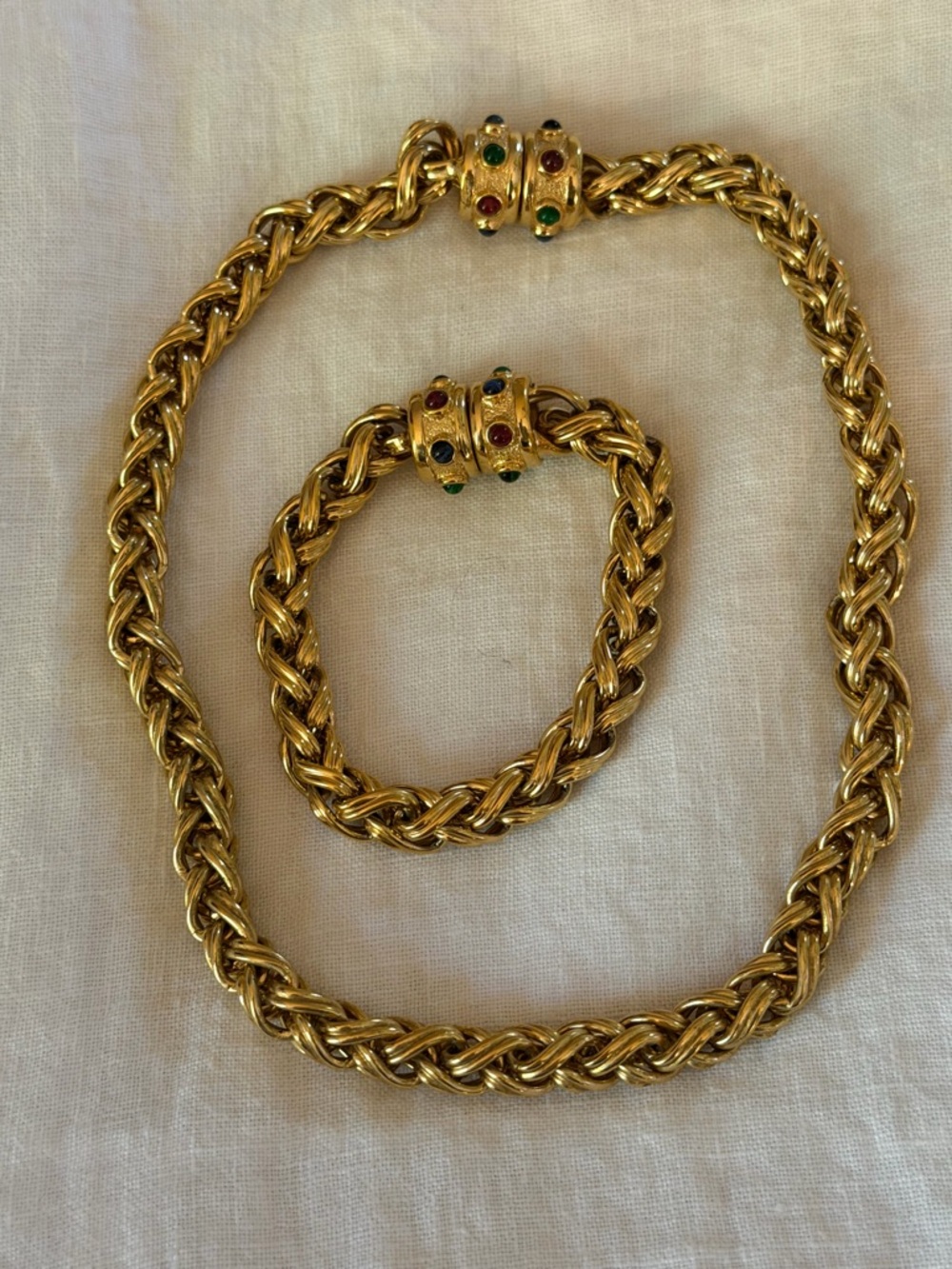 Rau Klikit Gold-Tone Braided Chain Necklace 16” and Bracelet 7” Set w/cabochons